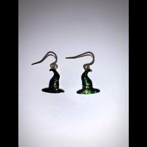 Green Sparkly Witch Hat Halloween Earrings